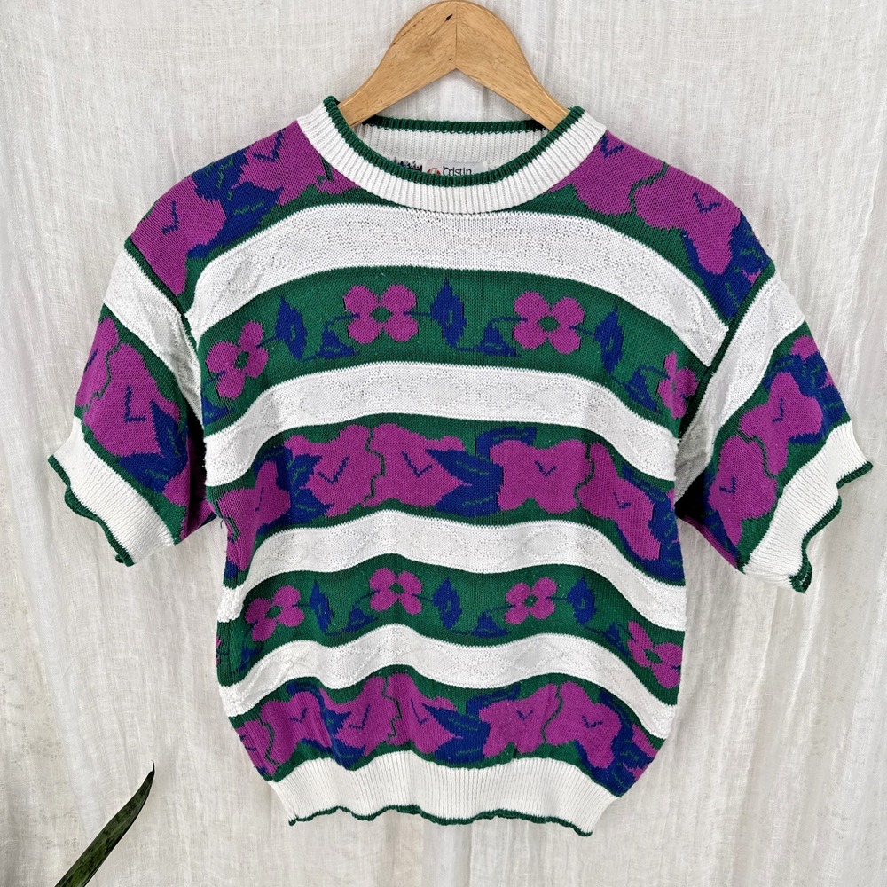 Vtg 90s Intarsia Grandma Sweater M Twee Teacher Kitsch Indie Bold Stripe Retro